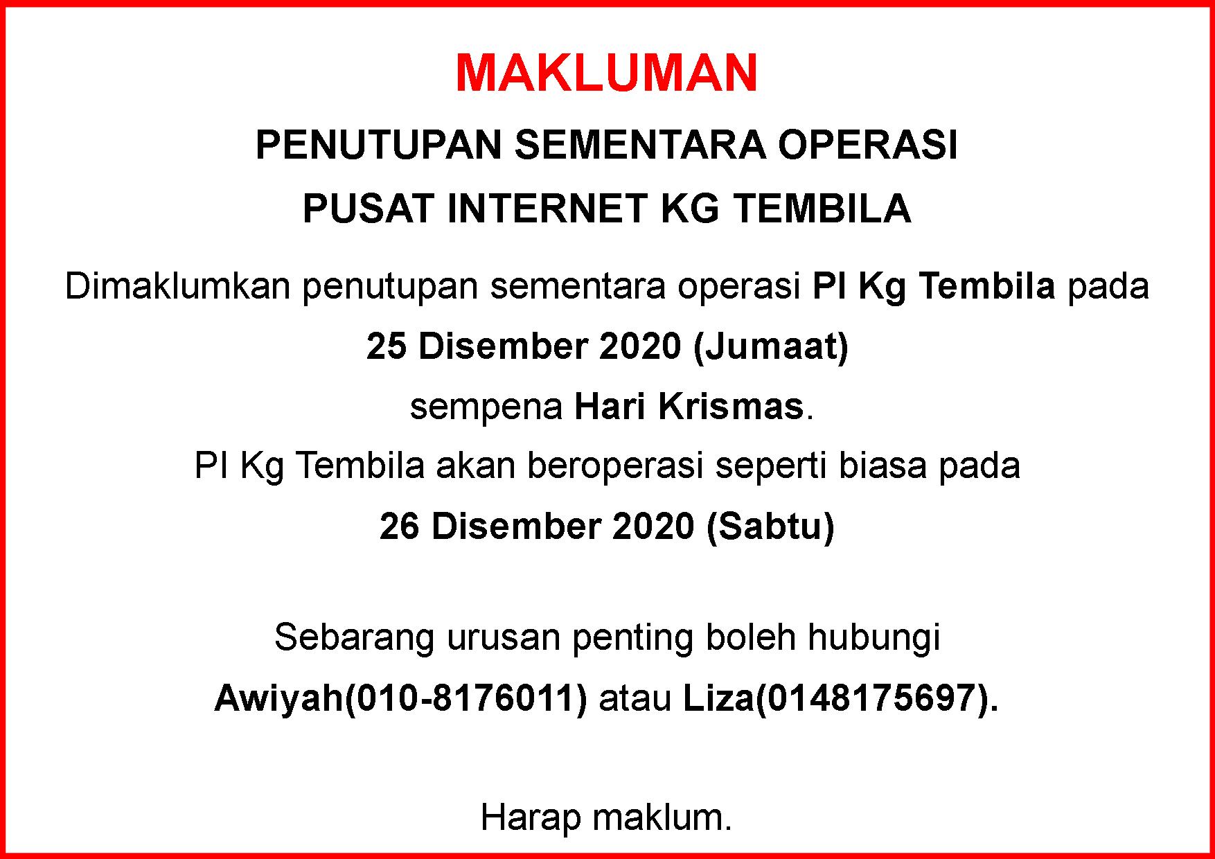 Notis Makluman Penutupan PI Hari Krismas 2020