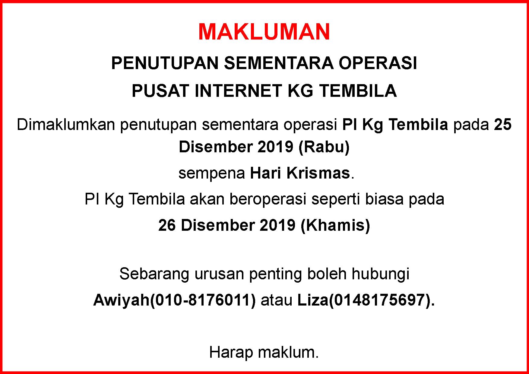 Notis Makluman Penutupan PI Sempena Krismas