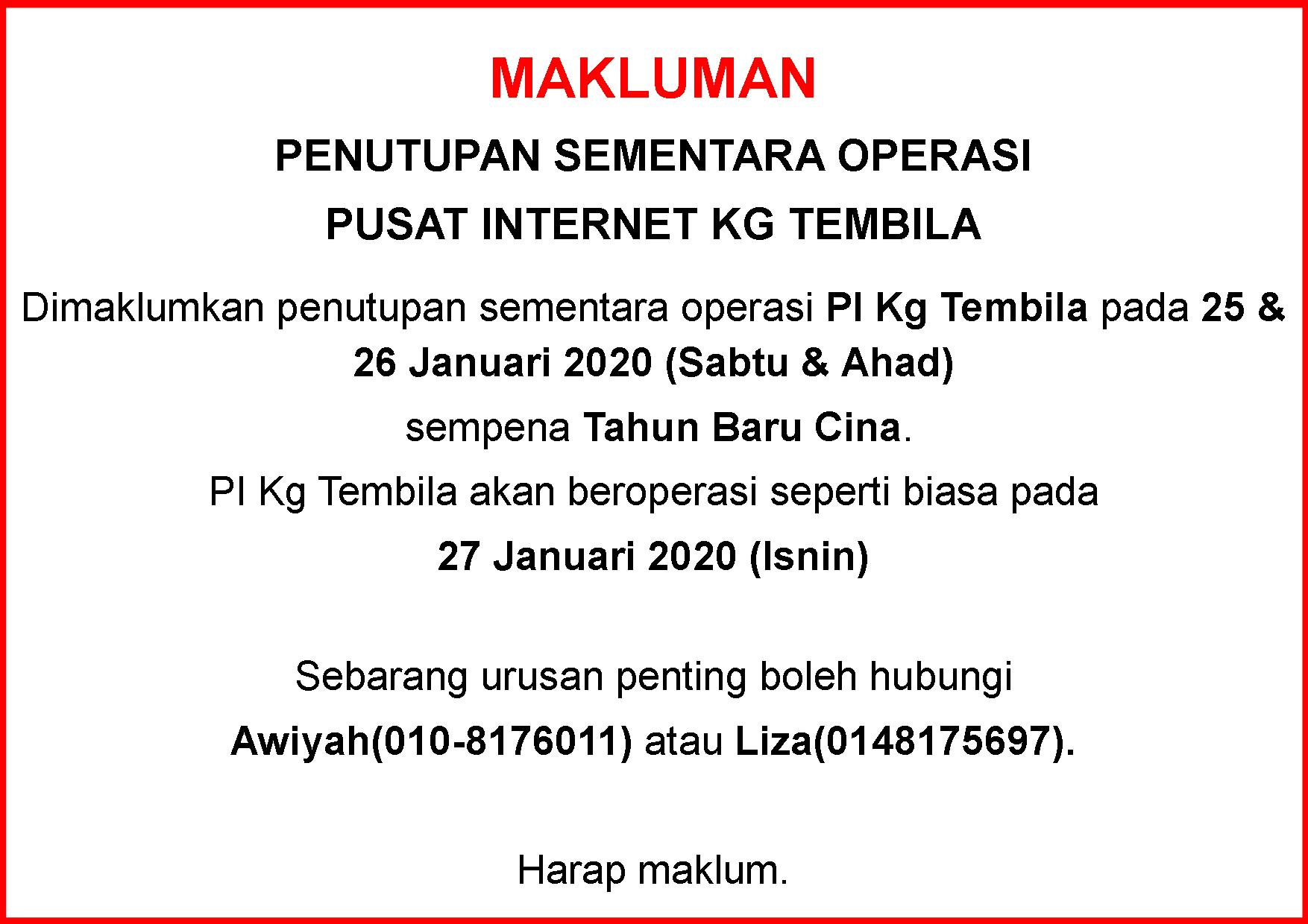 Notis Makluman Penutupan PI sempena CNY