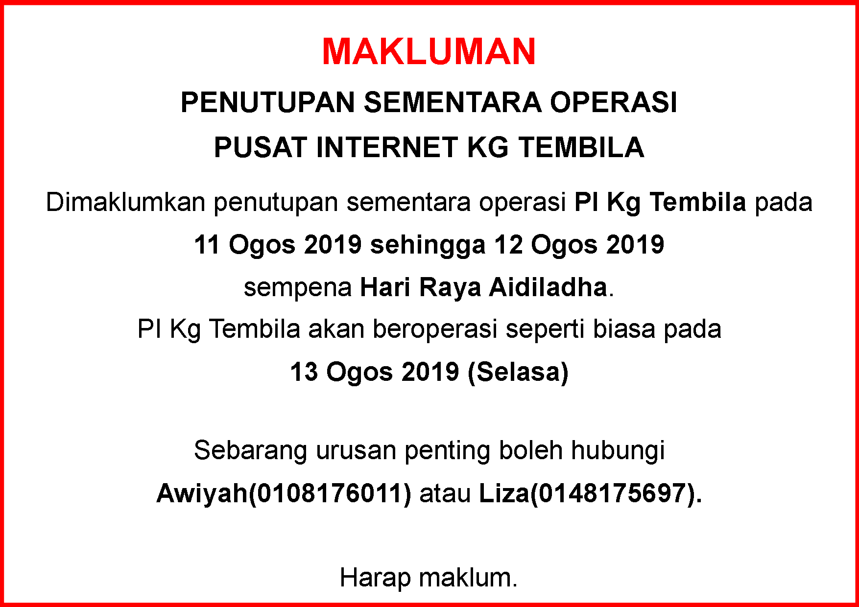 Notis Makluman Penutupan PI Aidiladha